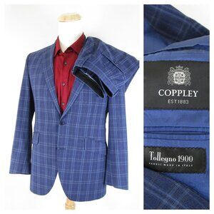 Coppley Tollegno 1900 Mens Blue Check Plaid Slim Fit Wool Suit 38R Pants 32 X 30